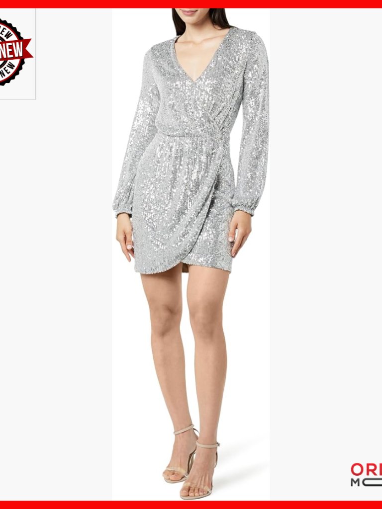 Sequin Wrap Dress With Blouson Sleeves, Regular Fit, 34-37 Inch Length